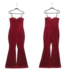 Nadine Merabi Women XL Harley Jumpsuit Red Velvet Fit Flare Wide Leg Corset NEW